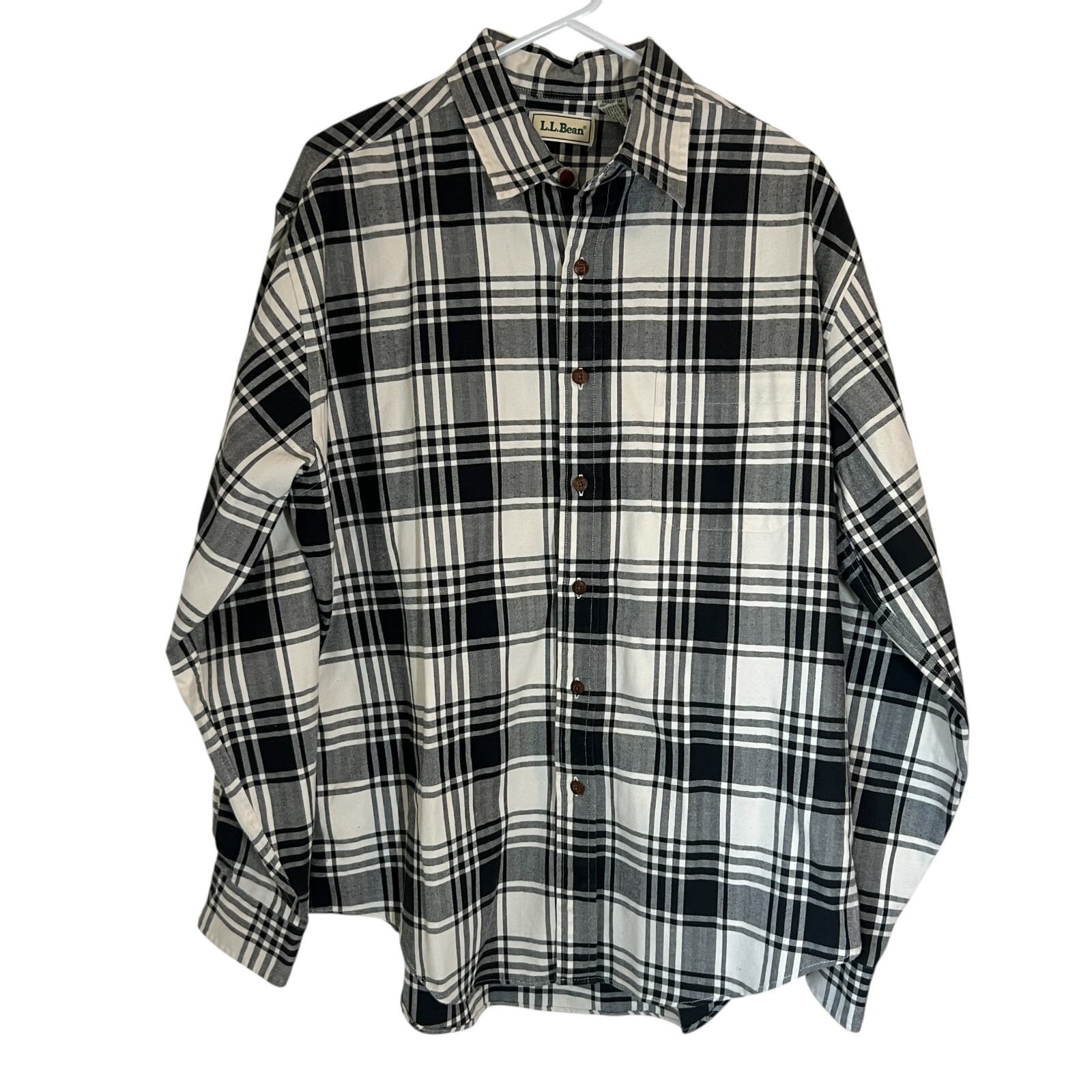 Ll Bean Plaid Flannel Shirt Mens Large Black White Long Sleeve Button-Down